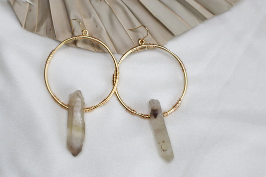 Large Gold Hoops with Smoky Quartz
