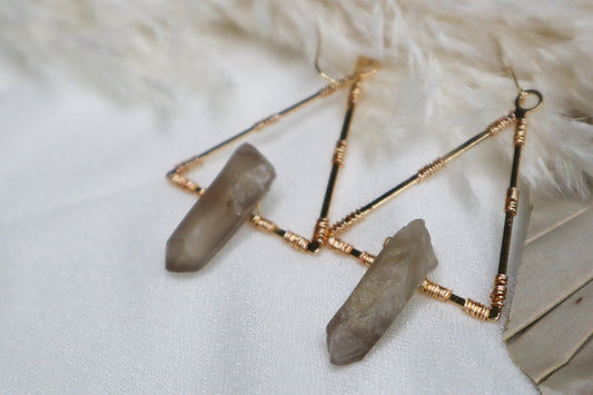 Large Gold Triangle Earrings with Smoky Quartz